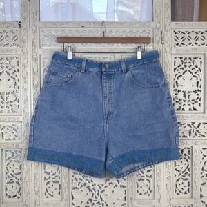 bill blass Blue Denim High-Waist Jean Shorts with Embroidered Hem